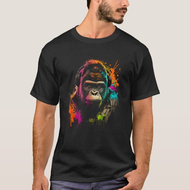 Future Monkey Dj Retro Party Gorilla Dj Synthwave T-Shirt (Front)