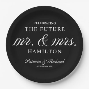Future Mr and Mrs Engagement Party Black Paper Plate