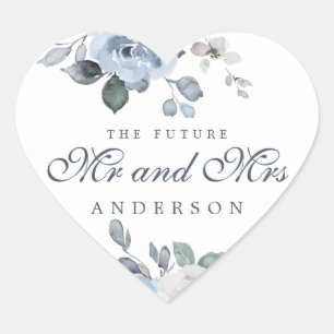 Future Mr Mrs Dark Blue Ivory Floral Winter Heart Sticker