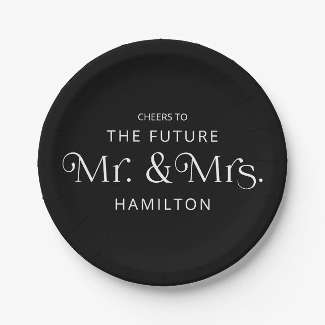 Future Mr & Mrs Engagement Party Black Paper Plate (Front)