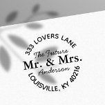 Future Mr & Mrs Engagement Round Return Address Self-inking Stamp<br><div class="desc">Announce your exciting news with this elegant self-inking stamp. Featuring a beautiful script font and the words "Future Mr. & Mrs., " this stamp is perfect for personalising save-the-dates, engagement party invitations, and thank you cards. Add a touch of sophistication and excitement to your wedding stationery with this charming design....</div>