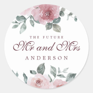 Future Mr Mrs Floral Dusty Pink Burgundy Classic Round Sticker