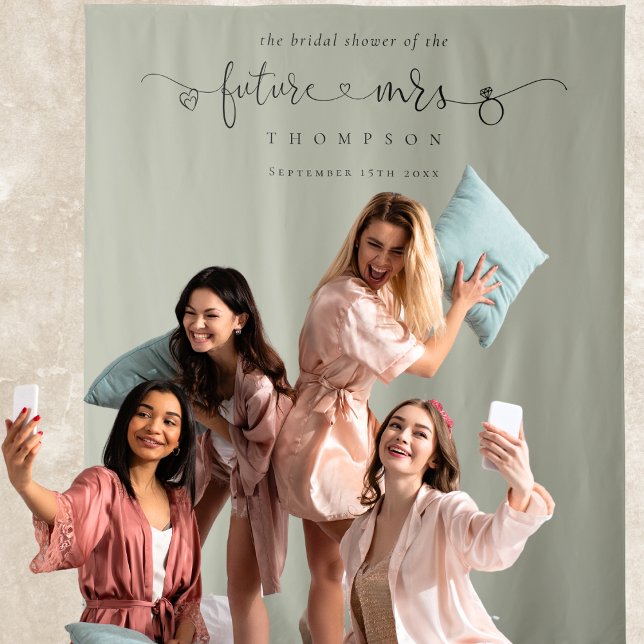 Future Mrs Bridal Shower Light Sage Photo Backdrop Tapestry (Backdrop for your fun photo memories!)