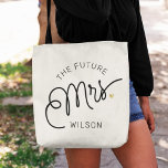 Future MRS Bride Modern Script Gold Name<br><div class="desc">This modern tote bag with a minimalist casual chic script calligraphy design reading THE FUTURE MRS as well as your custom name features clean lines to create a sleek and sophisticated appearance. The understated style with the little printed gold heart detail adds a touch of sophistication to your wedding day...</div>