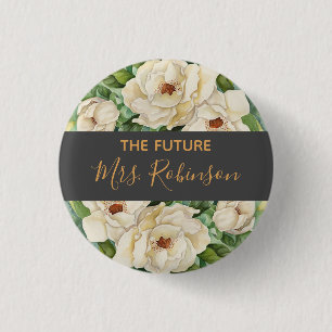 Future Mrs. Floral White Magnolia Watercolor Name 3 Cm Round Badge