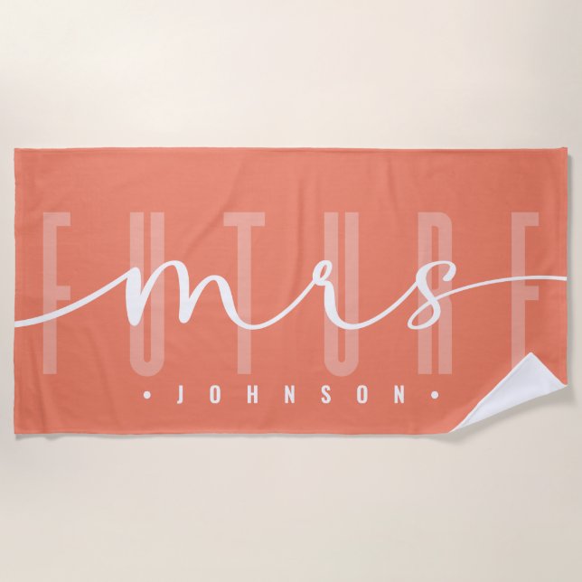 Future Mrs Modern Script Typography | Terracotta Beach Towel (Front)