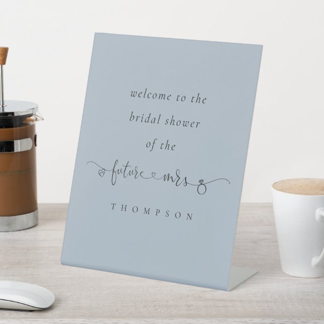 Future Mrs Name Script Blue Welcome Bridal Shower Pedestal Sign (In SItu)