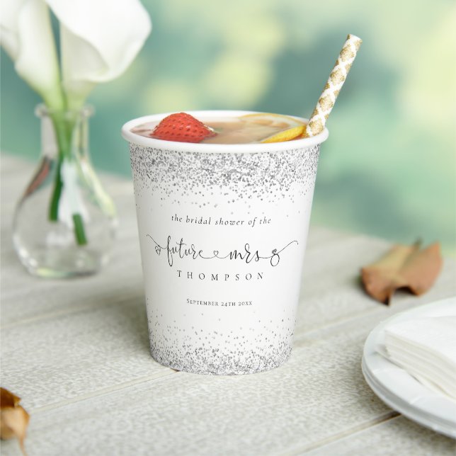 Future Mrs Name Silver Glitter Bridal Shower Paper Cups (Insitu)