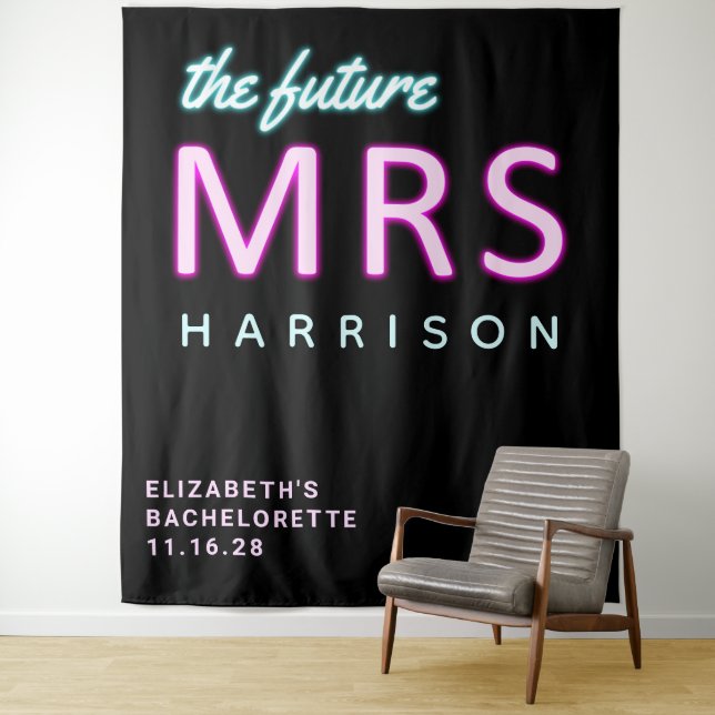 Future Mrs Neon Lights Black Bachelorette Tapestry (In Situ)