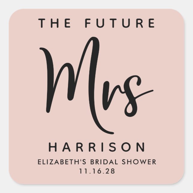 Future Mrs Personalised Blush Pink Bridal Shower Square Sticker (Front)