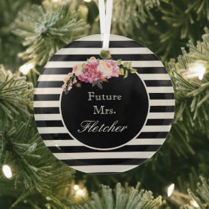 Future Mrs. Personalized Black & White Stripes Glass Tree Decoration