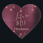 Future Mrs. Pink Rose Gold Burgundy Bridal Shower Heart Sticker<br><div class="desc">Future Mrs. Faux Burgundy Foil and Rose Gold Sparkly Confetti and String Lights on a Heart Shaped Favour Sticker. The Future Mrs. sticker uses the popular burgundy and rose gold background and Rose Gold typography. This sticker is used to seal the Future Mrs. envelopes.</div>
