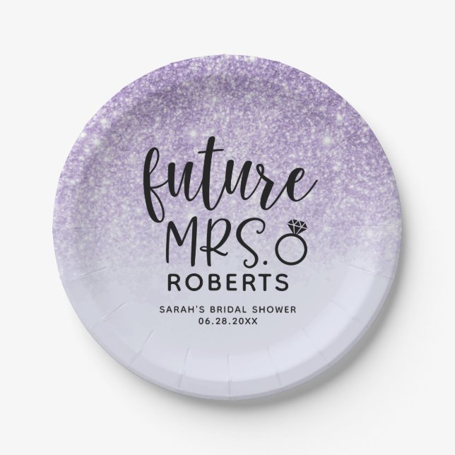 Future Mrs. Purple Glitter Paper Plates (Front)