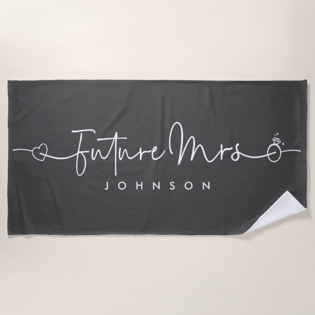 Future Mrs Script Heart Ring Custom Wedding Black Beach Towel (Front)