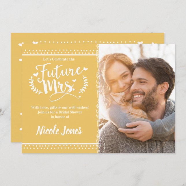 FUTURE MRS. Yellow Gold White Bridal Shower Photo Invitation (Front/Back)