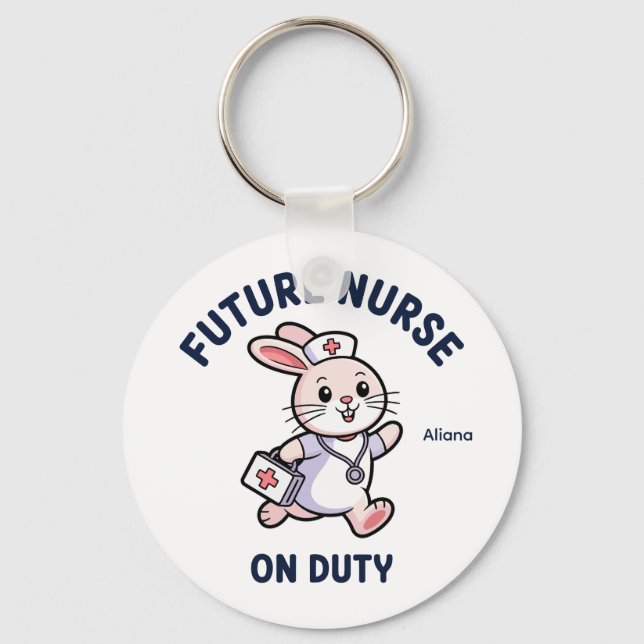Future Nurse On Duty Cute Bunny Graphic Key Ring (Front)