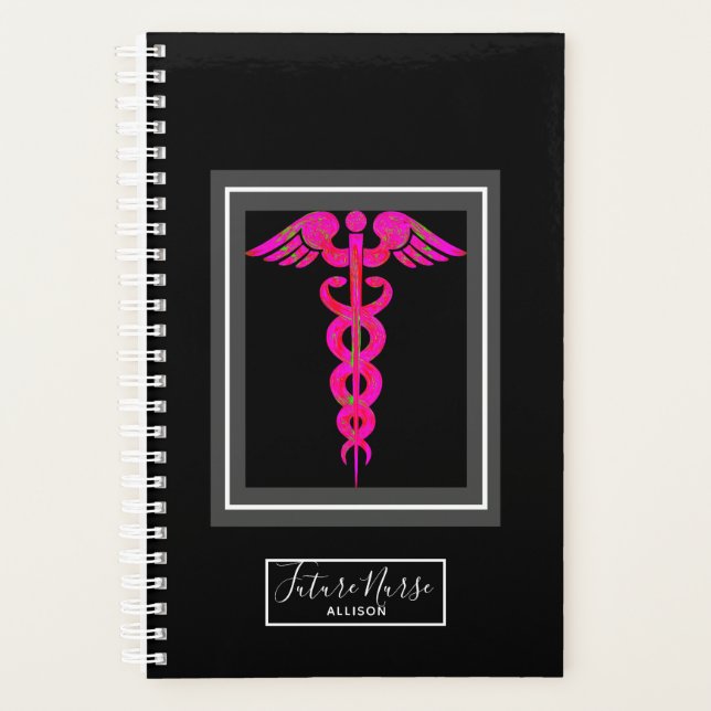 Future Nurse Pink Black Caduceus Personalised Planner (Front)