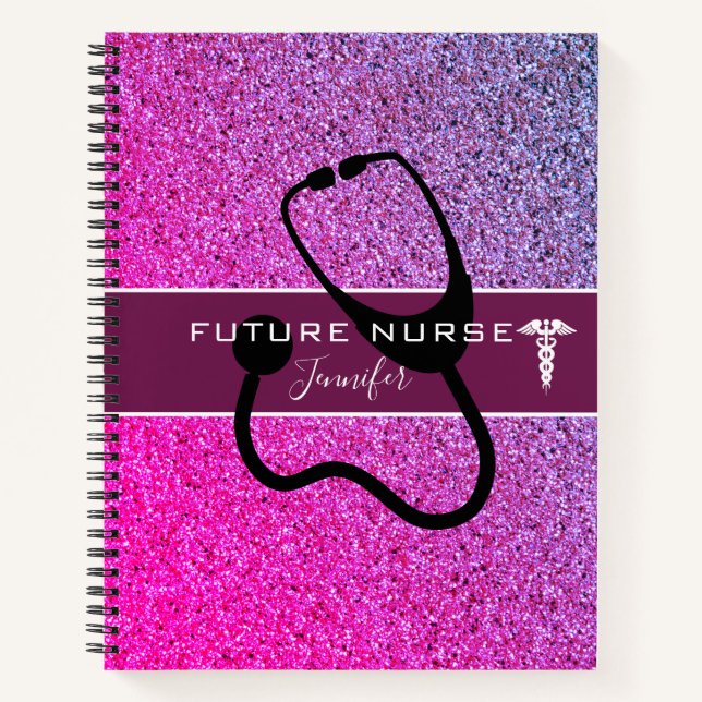 Future Nurse Stethoscope Pink Purple Glitter Name Notebook (Front)