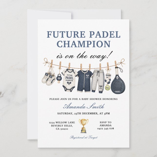 Future Padel Champion Boy Clothesline Baby Shower Invitation (Front)