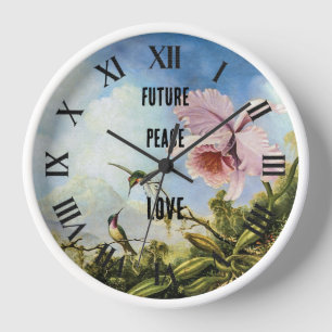 Future, Peace, Love, Orchid & Hummingbirds on Blue Clock