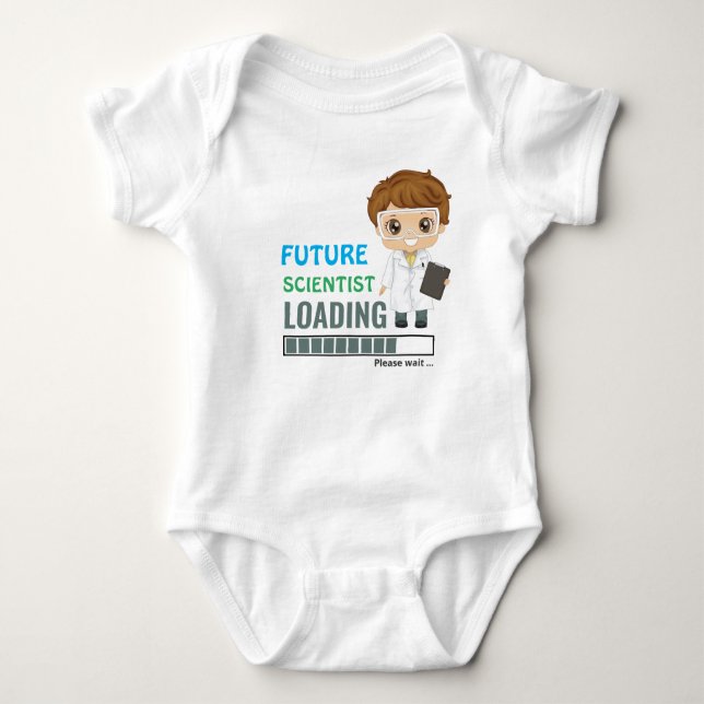Future Scientist Loading Infant Shower Party Blue Baby Bodysuit (Front)