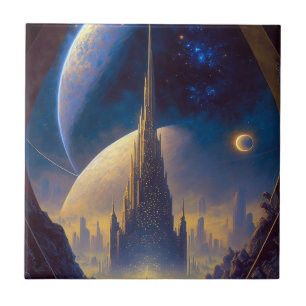 Future Space City Sci-Fi Art ceramic tile