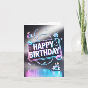 Futuristic 3D "Happy Birthday" Neon Sign Holiday Card