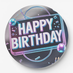 Futuristic 3D "Happy Birthday" Neon Sign Paper Plate