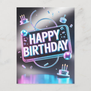 Futuristic 3D "Happy Birthday" Neon Sign Postcard