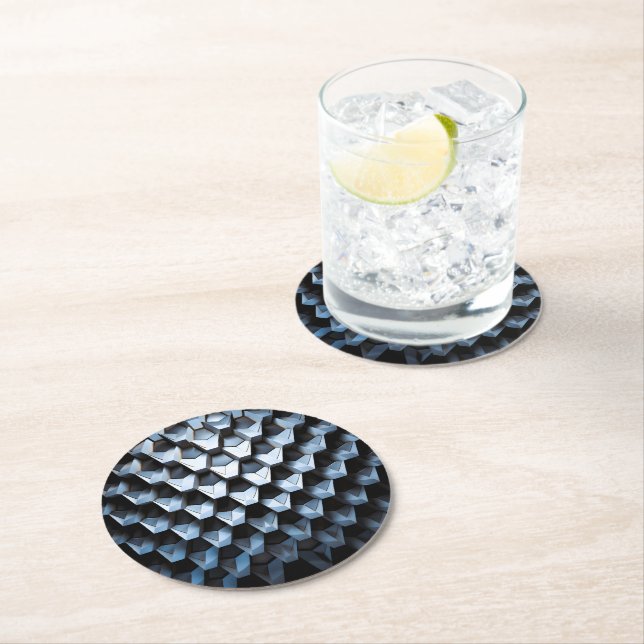 Futuristic Abstract Blue Geometric Metallic  Round Paper Coaster (Insitu)