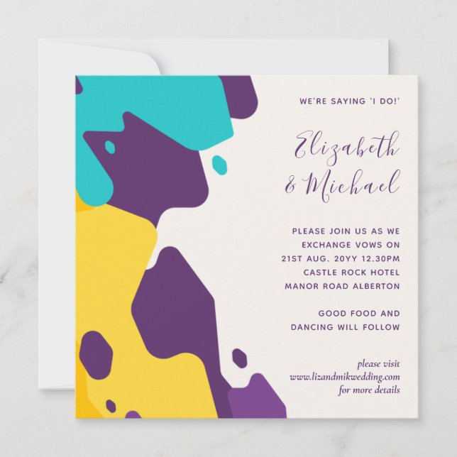 Futuristic Abstract Maroon Teal Wedding Invites (Front)