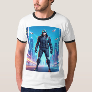 Futuristic Anime Cyberpunk Hero Standing in Neon C T-Shirt