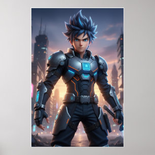 Futuristic Anime Hero – Cyberpunk Warrior Poster