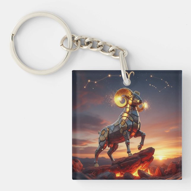 Futuristic Aries Mech-Ram Zodiac Design Key Ring (Front)