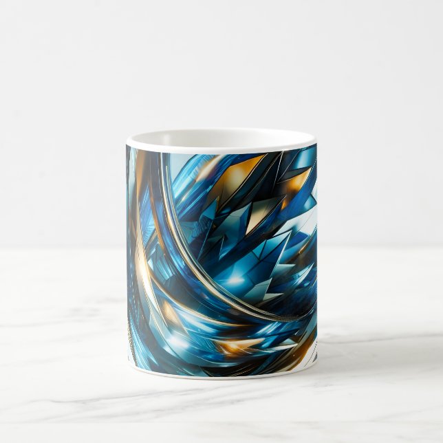 Futuristic Blue Gold Abstract Metallic Geometric Coffee Mug (Center)