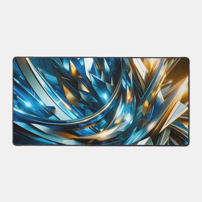 Futuristic Blue Gold Abstract Metallic Geometric Desk Mat (Front)