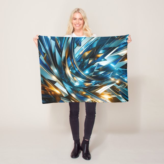 Futuristic Blue Gold Abstract Metallic Geometric Fleece Blanket (In Situ)