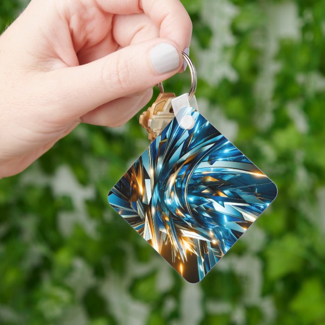 Futuristic Blue Gold Abstract Metallic Geometric Key Ring (Hand)