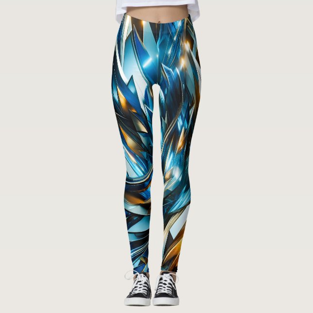 Futuristic Blue Gold Abstract Metallic Geometric Leggings (Front)