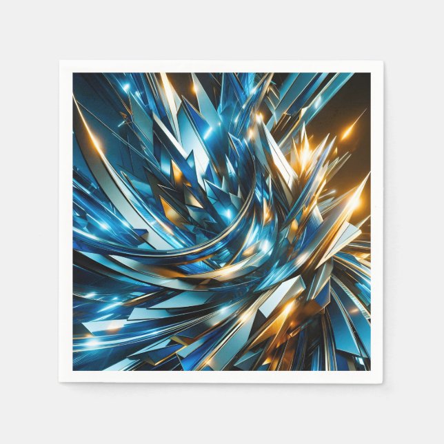 Futuristic Blue Gold Abstract Metallic Geometric Napkin (Front)