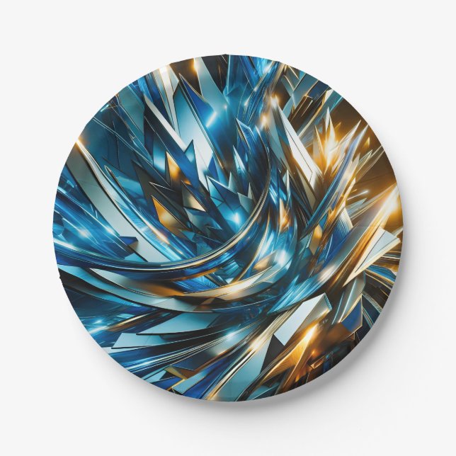 Futuristic Blue Gold Abstract Metallic Geometric Paper Plate (Front)