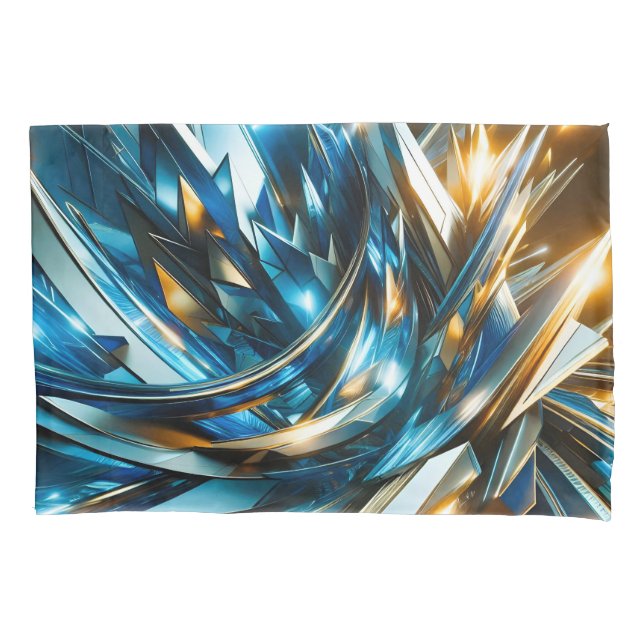 Futuristic Blue Gold Abstract Metallic Geometric Pillowcase (Front)