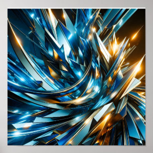 Futuristic Blue Gold Abstract Metallic Geometric Poster