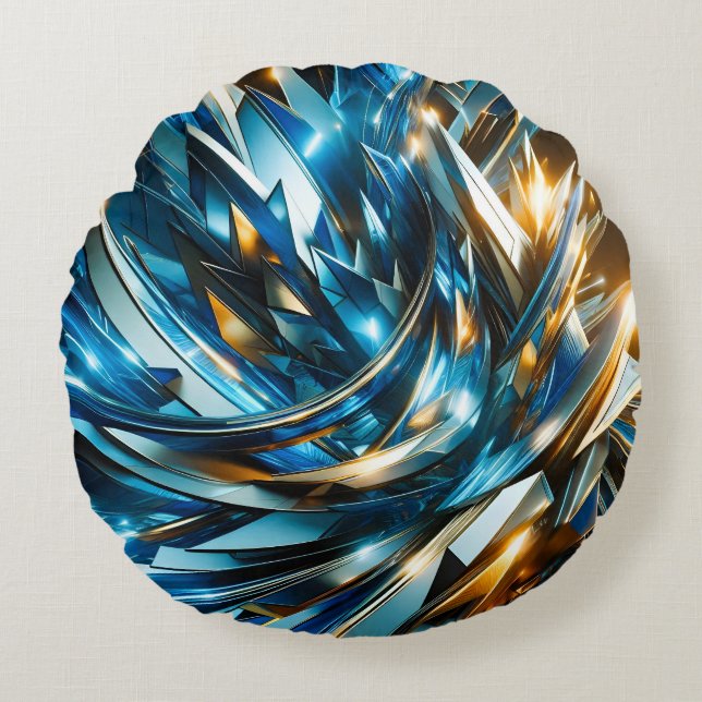 Futuristic Blue Gold Abstract Metallic Geometric Round Cushion (Front)