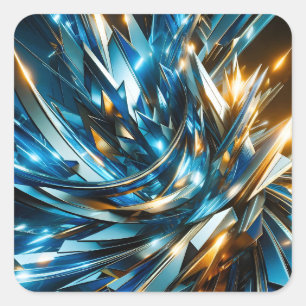 Futuristic Blue Gold Abstract Metallic Geometric Square Sticker