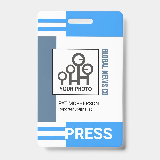Futuristic Blue Stripe Blocks Press ID Badge (Front)