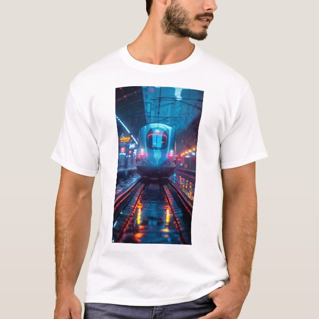 Futuristic Blue Train with Neon Lights T-Shirt (Front)
