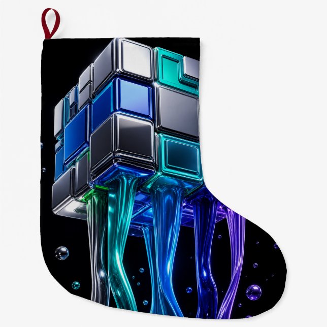 Futuristic Chrome Puzzle Cube  Large Christmas Stocking (Front)