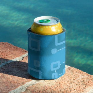 Futuristic Circuit Boxes on Blue Geometric Can Cooler