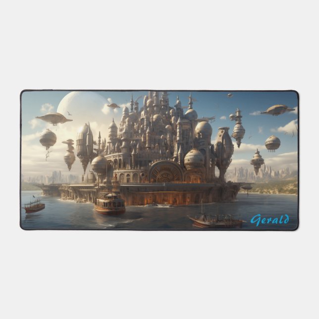 Futuristic Citadel on the Steampunk Seascape Desk Mat (Front)